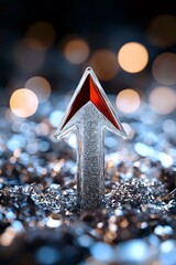 Poster - Metallic arrow pointing upward on sparkling surface with soft bokeh lights in background, symbolizing growth, success and forward momentum in business context.