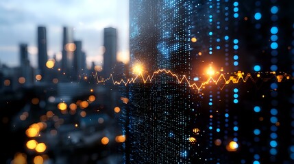 Poster - Glowing stock market graph overlay on blurred urban cityscape with bokeh lights, combining financial data visualization with modern architecture at dusk.