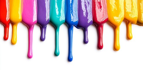 Poster - Rainbow-colored paint dripping down from above, showcased as isolated art on a white background