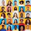 © Prostock-studio - This vibrant collection showcases a diverse group of individuals, featuring men and women of various backgrounds, all smiling against colorful backdrops. Each person represents unique cultures.