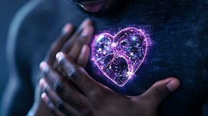 Poster - Magical glowing purple heart floating between African American woman's hands against dark background, mystical energy and sparkles creating romantic atmosphere.