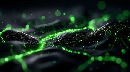 Poster - glowing green particles and light waves flow through dark space creating dynamic network connections