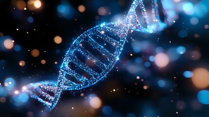 Poster - glowing dna helix structure with blue neon particles on dark background, genetic science concept wit