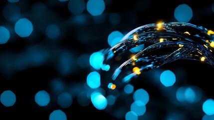 Poster - Glowing fiber optic cables with blue bokeh background create modern technology concept. Network and digital communication design element for business presentations.