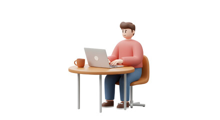 Poster - A person sitting at a table with a coffee cup, staring at a laptop screen, ready to start the day, trendy 3D illustration, UI friendly, isolated scene on a white background.
