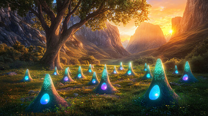 Poster - Enchanted forest adorned with glowing lights and a majestic tree creating a magical atmosphere of hidden fairy villages.
