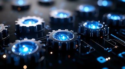 Poster - Glowing blue mechanical gears interconnected on dark surface with selective focus, creating futuristic industrial machinery concept for technology backgrounds.
