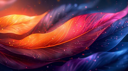 Poster - Vibrant feathers in orange, pink and purple float against dark cosmic background with glowing particles and magical light effects creating dreamy atmosphere.