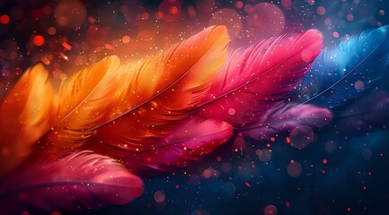 Poster - Vibrant feather macro with orange, pink and purple gradient colors against dark cosmic background with glowing particles and bokeh light effects.