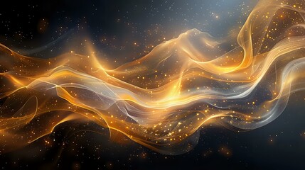Poster - Abstract cosmic waves of golden light and white energy flowing through dark space with glowing particles and stellar elements creating magical atmosphere.
