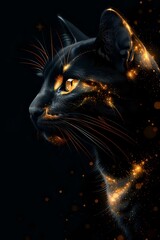 Poster - Mystical black cat with glowing amber eyes and golden light particles against dark background, profile view showing detailed whiskers and ethereal magical effects.