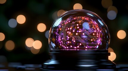 Poster - glowing purple circuit board pattern inside glass dome against dark background with bokeh lights cre