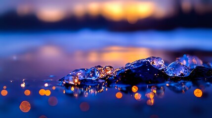 Poster - Melting ice crystals on dark blue surface with golden bokeh lights at sunset, dramatic macro photography with shallow depth of field and reflections.