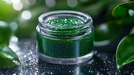 Poster - Sparkling emerald green cosmetic glitter in glass jar with scattered particles on dark surface against blurred background with green leaves and bokeh lights.