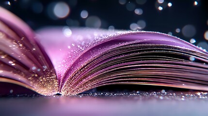 Poster - Open book pages with magical pink glow and sparkling bokeh lights creating dreamy atmosphere. Macro shot captures ethereal literary moment with soft focus effect.