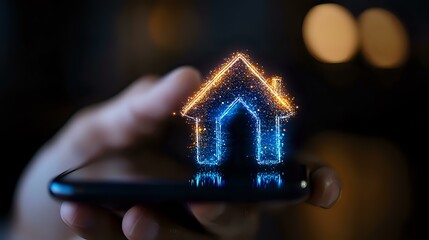 Poster - Glowing holographic house icon floating above smartphone screen with bokeh background, representing smart home technology and digital real estate concept.