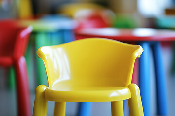 Aufkleber - Close-up of yellow plastic chair, smooth surface, vibrant color, blurred colorful background, showcasing simplicity and childhood