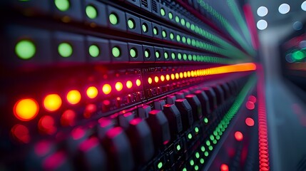 Poster - Network server rack with glowing LED status indicators in red and green colors showing active data transmission and connectivity in modern datacenter environment.