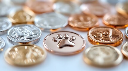 Poster - Metallic coins and tokens with animal paw prints and nature designs in gold, silver, and rose gold colors arranged in rows, selective focus on paw print detail.