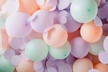 Poster - Pastel-colored balloons cluster together, creating a soft and airy texture, showcasing a celebratory or festive mood, ideal for background or design purposes