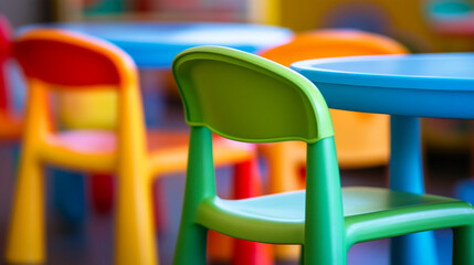 Poster - Close-up of colorful plastic chairs and table, blurred background, showcasing vibrant primary colors, representing childhood, playfulness, and education