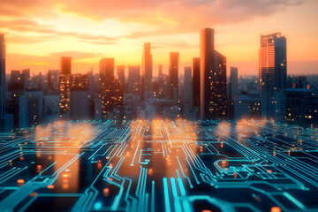 Poster - futuristic digital circuit board overlay on a cityscape at sunset.
