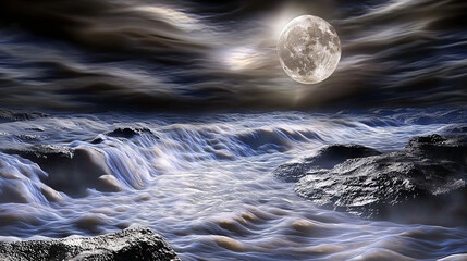 Poster - Captivating moon rising over a serene river with soft reflections illuminating the tranquil waters underneath a starlit sky.