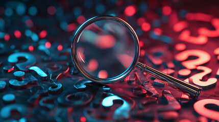 Poster - Magnifying glass on metallic question marks, illuminated by red and blue light, showcasing search, investigation, or problem-solving concept
