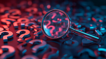 Poster - Magnifying glass on a field of question marks, lit with red and blue light, symbolizing search, inquiry, problem-solving, investigation