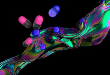 Poster - Vibrant 3D illustration featuring floating pink and blue capsules over a dynamic, iridescent wave against a dark background, creating a futuristic and surreal atmosphere.