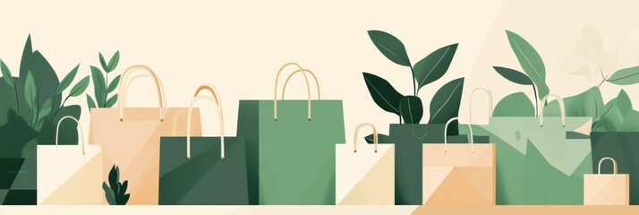 Poster - Modern background showcasing reusable grocery bags and sustainable packaging in green and beige tones promoting eco-friendly living Generative AI
