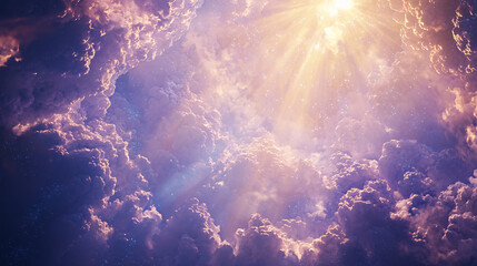 Poster - A bright sun shining through whimsical clouds creating a stunning spotlight effect in a fantasy world setting of dreamy landscapes.