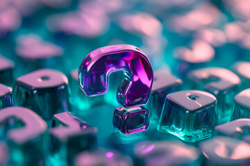 Poster - Close-up of a vibrant purple question mark, glossy and translucent, among teal glass cubes, creating an abstract, enigmatic scene, symbolizing inquiry and curiosity