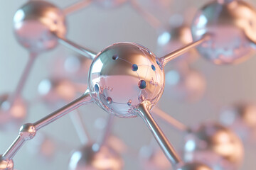 Poster - close-up of a 3d rendered molecule model with metallic rods and transparent spheres, showcasing conn