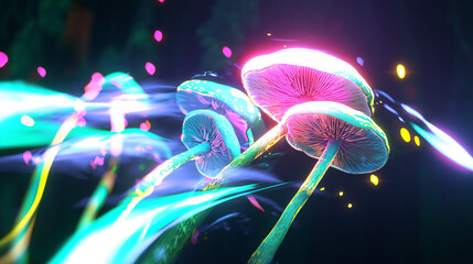 Poster - Captivating mushroom illuminated by shining light, creating a magical and ethereal scene in a dark forest environment.