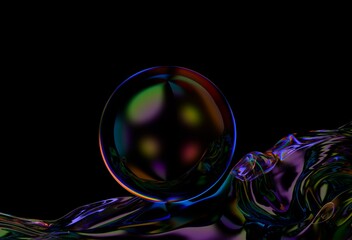 Aufkleber - 3D illustration of a dark, iridescent wave encircling a reflective sphere, set against a black background, creating a mysterious and atmospheric effect.