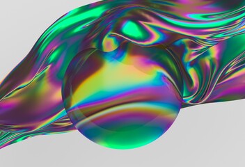 Poster - Mesmerizing 3D illustration featuring an iridescent wave flowing around a translucent sphere, showcasing vibrant colors in a surreal composition.