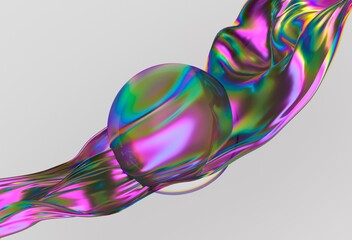 Poster - Mesmerizing 3D illustration featuring an iridescent wave flowing around a translucent sphere, showcasing vibrant colors in a surreal composition.