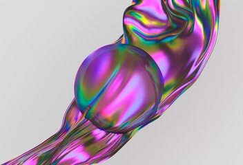 Poster - Mesmerizing 3D illustration featuring an iridescent wave flowing around a translucent sphere, showcasing vibrant colors in a surreal composition.