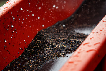 Poster - Close-up of dark grains flowing in a wet red channel, showcasing a dynamic texture contrast, representative of industrial processes or natural phenomena