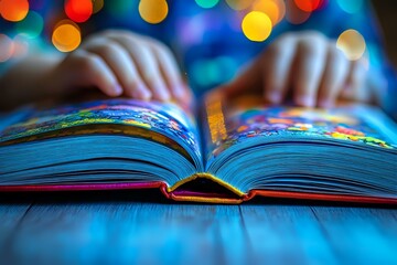Poster - Open book with colorful pages against blurred bokeh lights background, hands gently turning pages, creating magical reading atmosphere on blue surface.