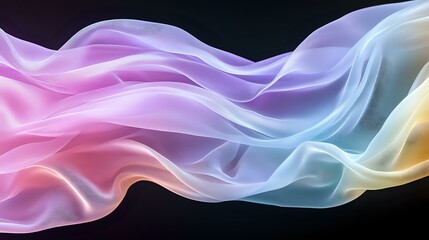 Poster - Ethereal flowing smoke waves in pastel rainbow colors against black background, featuring smooth transitions between pink, purple, blue and golden hues.