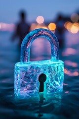 Poster - Glowing blue ice padlock with keyhole against blurred city lights background creates magical winter atmosphere for security and protection concepts.