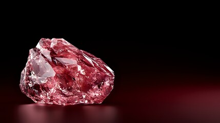 Poster - Raw pink diamond crystal on dark background with dramatic lighting and reflection, precious gemstone specimen showing natural crystalline structure and transparency.
