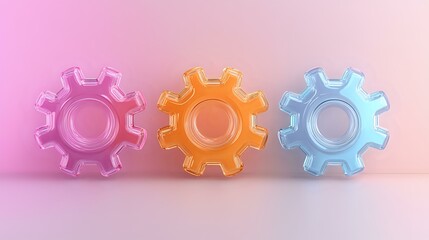 Poster - Colorful glass gear wheels in pink, orange and blue arranged in row on gradient background. Mechanical parts concept for business and technology solutions.