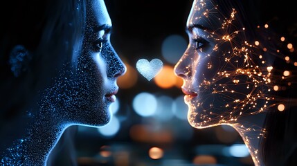 Poster - Mystical profiles of faces illuminated by glowing particles and sparkles face each other with heart shape between them against dark background with bokeh lights.