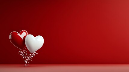 Poster - Red and white heart shapes with sparkles floating on deep red background, romantic design element for Valentine's Day cards and love-themed projects.