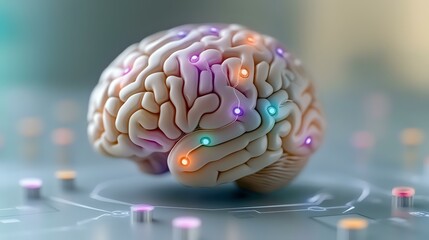 Poster - Glowing neural network visualization on human brain model with colorful light points showing synaptic connections and artificial intelligence activity.