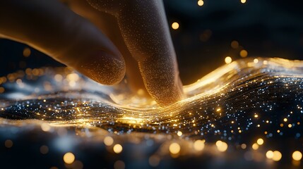 Poster - Glowing golden light trails with sparkling particles and finger touch creating magical energy waves against dark background with bokeh effect.