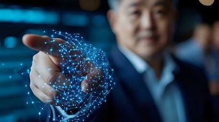 Poster - Asian businessman in suit interacting with glowing blue digital hologram sphere, demonstrating future technology and innovation in corporate environment.
